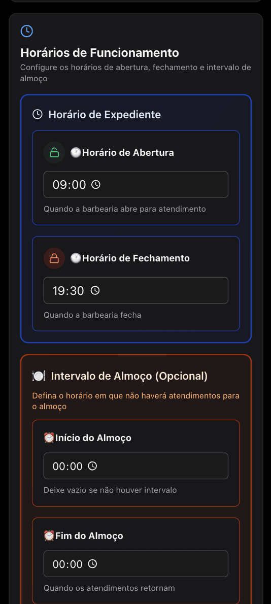 Configuração de horários